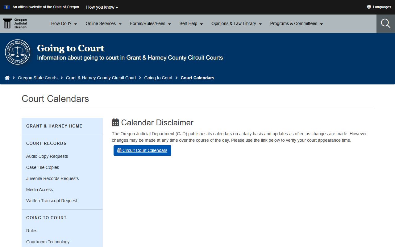 Harney County court dockets Grant and Harney Circuit Court calendars