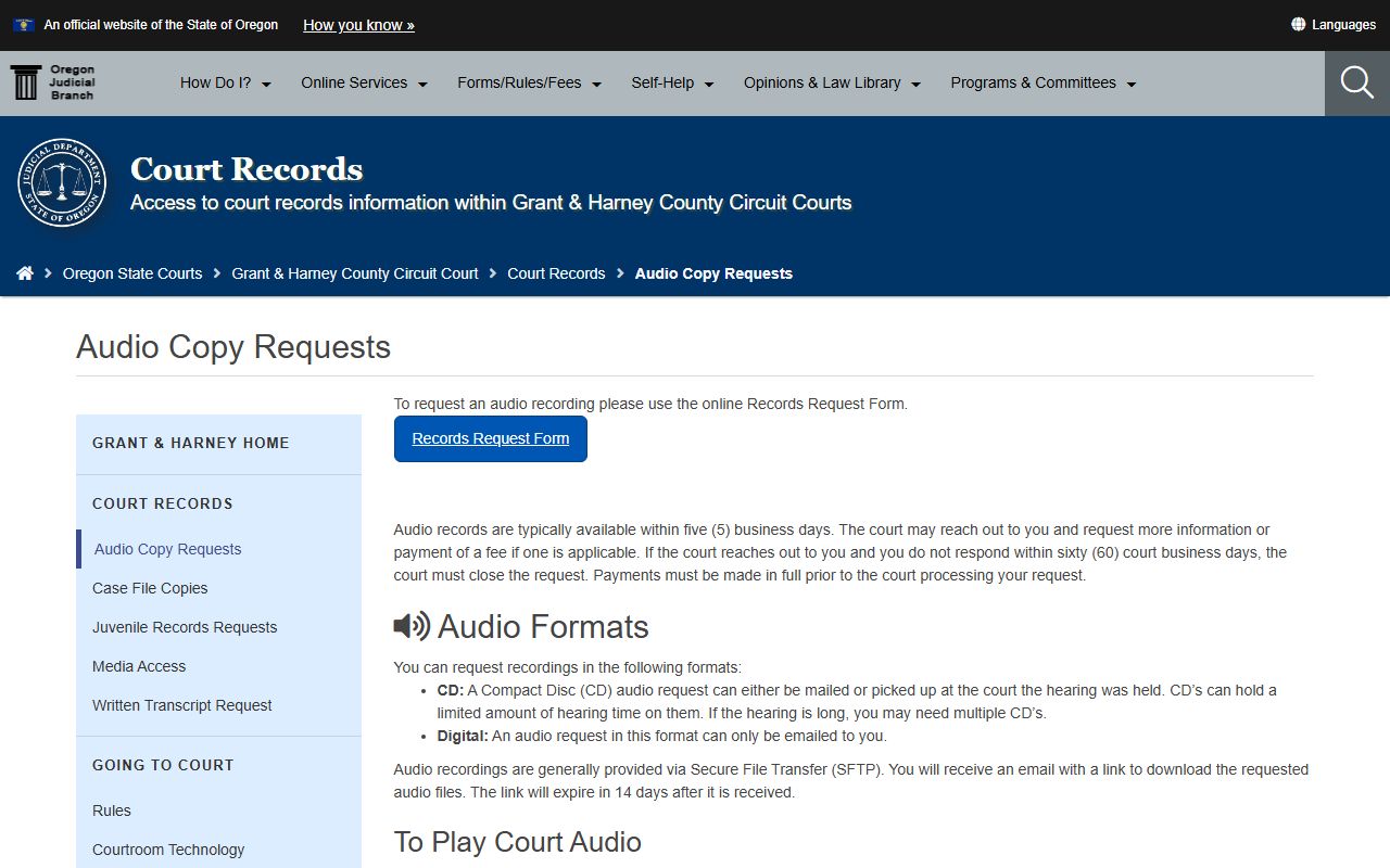Harney County Circuit Court audio copy requests