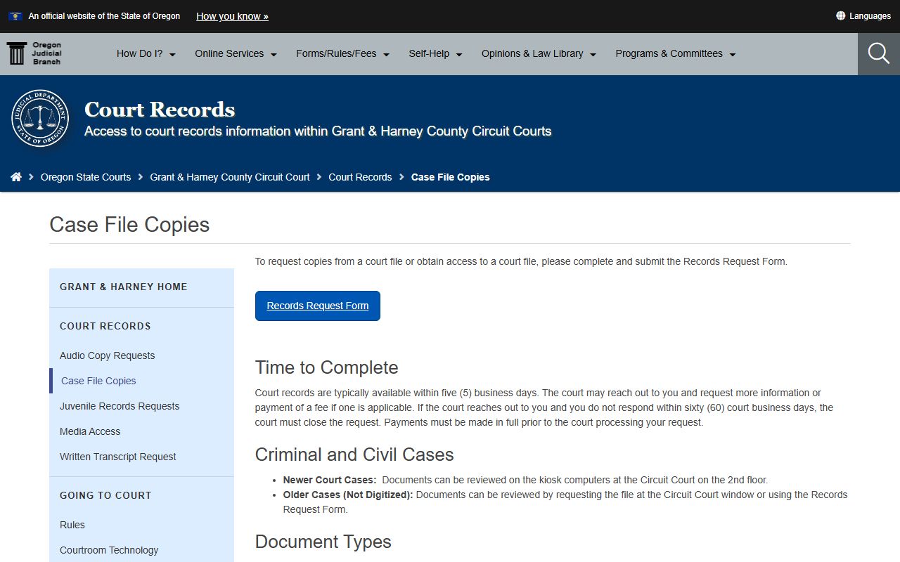Harney County Circuit Court case file copy instructions