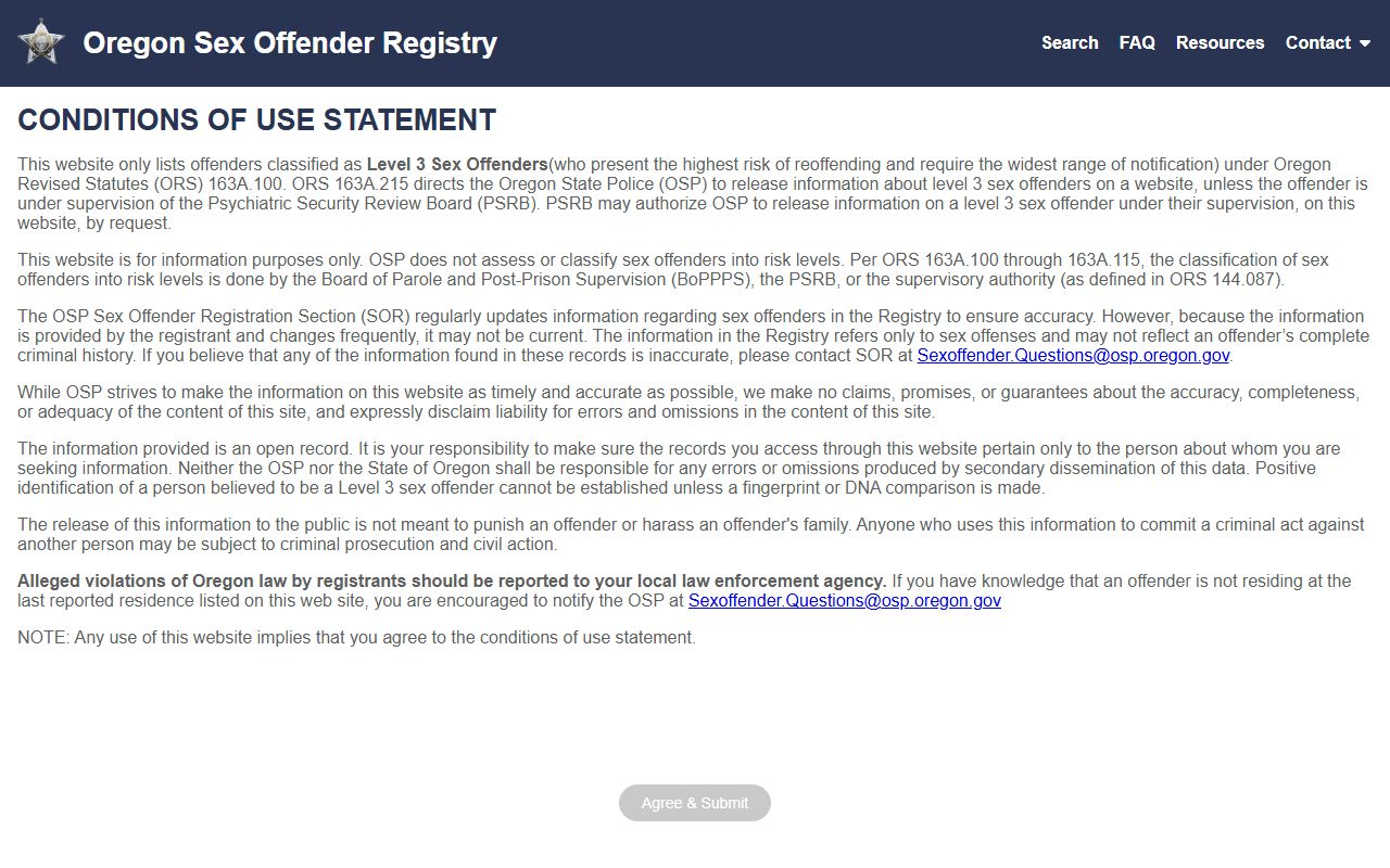 Oregon State Police sex offender registry search related to Harney County inmate records
