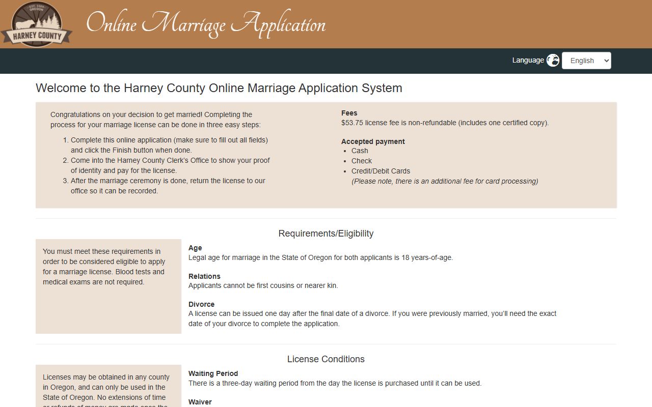 Harney County marriage records online application
