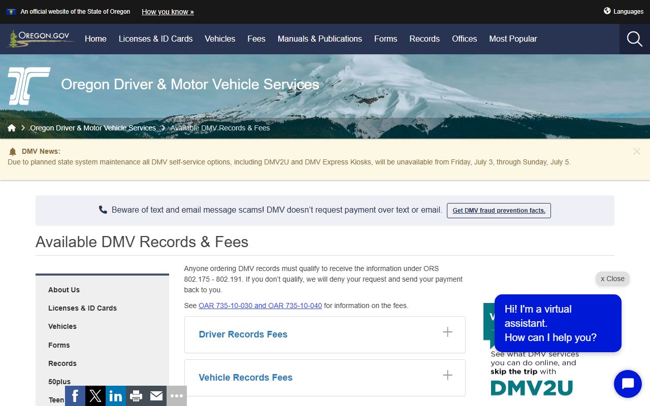 Oregon DMV available records and fees for Harney County traffic record research