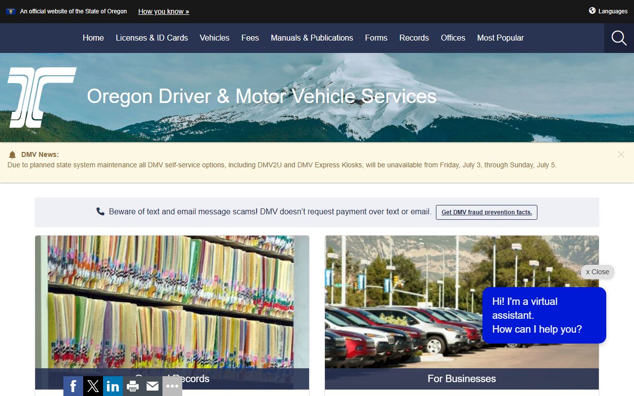 Oregon DMV records home page for Harney County driver record requests